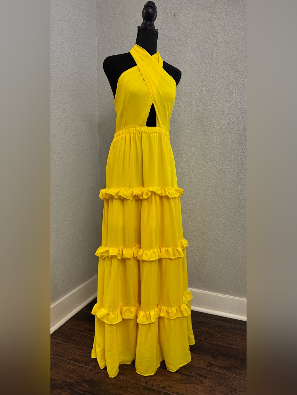 L'ATISTE Bright Yellow Halter Ruffle Tiered Kids Dress